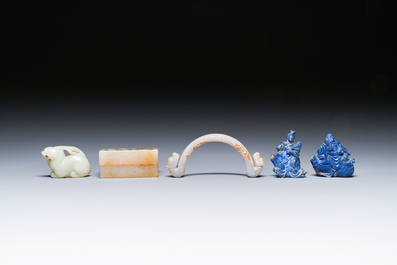 Five Chinese jade and lapis lazuli carvings, 19/20th C.