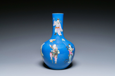 A Chinese famille rose blue-ground bottle vase, Qianlong mark, Republic