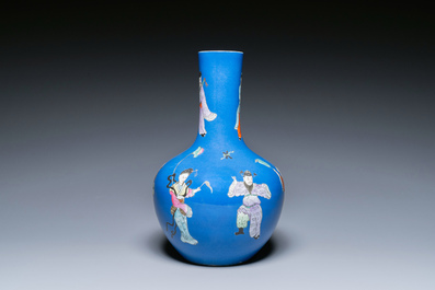 A Chinese famille rose blue-ground bottle vase, Qianlong mark, Republic