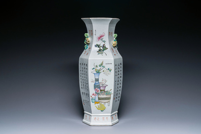 A Chinese hexagonal qianjiang cai vase, signed Wang Qi 王琦, 19/20th C.