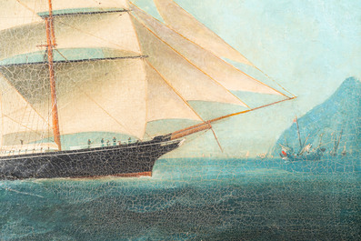 Canton school, China: 'A British merchant vessel at sea', oil on canvas in original Chippendale-style frame, 1st half 19th C.