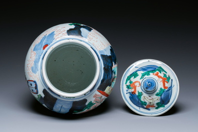 A Chinese wucai vase and cover with narrative design, Transitional period