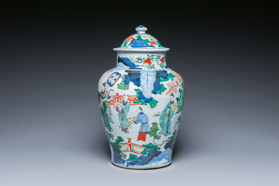 A Chinese wucai vase and cover with narrative design, Transitional period