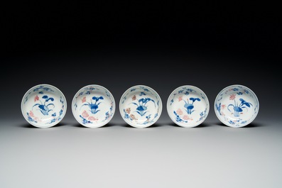 Five Chinese blue, white and copper-red semi-eggshell bowls, Xuande mark, Wanli