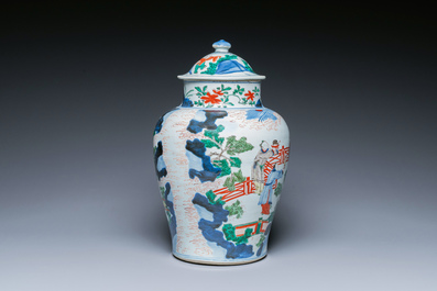 A Chinese wucai vase and cover with narrative design, Transitional period