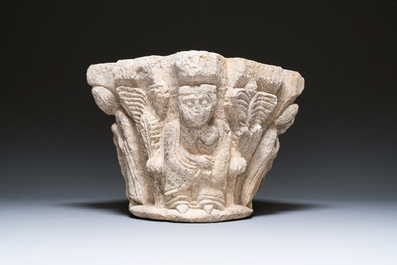 A carved figurative sandstone capital, France or Spain, probably 14th C.