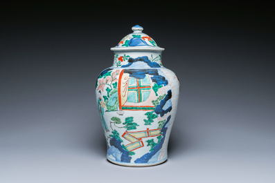 A Chinese wucai vase and cover with narrative design, Transitional period