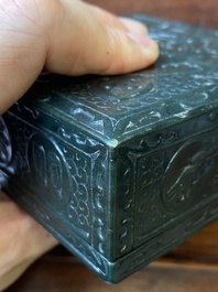 A square Chinese spinach jade box and cover, 19th C.