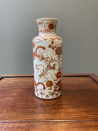 A Chinese iron-red and gilt rouleau 'dragons' vase, Kangxi