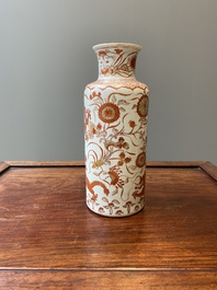 A Chinese iron-red and gilt rouleau 'dragons' vase, Kangxi