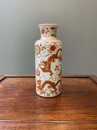 A Chinese iron-red and gilt rouleau 'dragons' vase, Kangxi