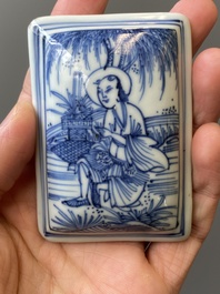 A fine Chinese blue and white rectangular seal paste box and cover, Ming