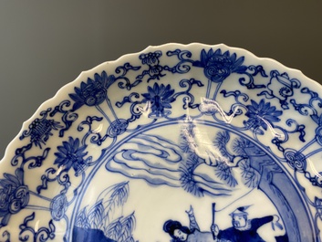 Three Japanese blue and white 'Mongolian hunt' plates in Chinese Kangxi-style, Edo, 18th C.