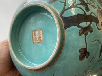 A large Chinese turquoise-ground grisaille-decorated Dayazhai bowl, Yong Qing Chang Chun 永慶長春 mark, Guangxu