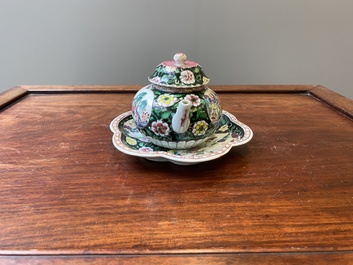A Chinese famille rose teapot and cover on stand, Yongzheng
