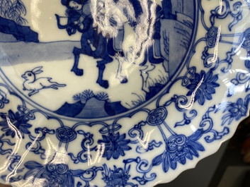 Three Japanese blue and white 'Mongolian hunt' plates in Chinese Kangxi-style, Edo, 18th C.