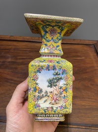 A Chinese yellow-ground Canton enamel 'European subject' vase, Qianlong mark and of the period