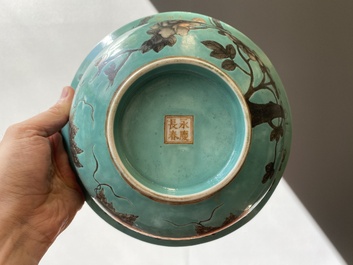 A large Chinese turquoise-ground grisaille-decorated Dayazhai bowl, Yong Qing Chang Chun 永慶長春 mark, Guangxu