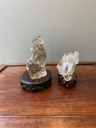 Two Chinese rock crystal sculptures of a sage with a turtle and of a Buddhist lion, 19th C.