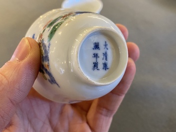 A pair of Chinese famille verte 'grasshopper' teacups, Kangxi mark but probably later