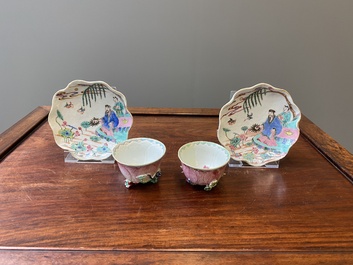 A pair of Chinese relief-decorated famille rose 'lotus' cups and saucers with a scholar and his servant, Yongzheng