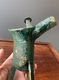 A Chinese archaic bronze ritual wine vessel, 'jue', late Shang dynasty