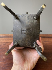 A Chinese archaic bronze ritual food vessel in Western Zhou-style, 'fangding', Bao Ding Zhen Yong 寶鼎珍用 mark, Ming