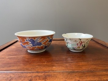 A Chinese blue, white and iron-red 'dragon' bowl and a famille rose 'immortals' bowl, Jiaqing and Wanli mark, 19th C.