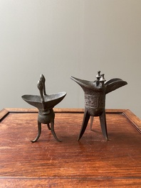 Two Chinese bronze ritual wine vessels, 'jue', 18/19th C.