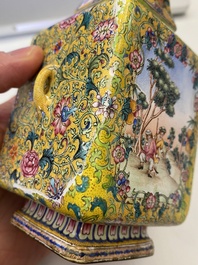 A Chinese yellow-ground Canton enamel 'European subject' vase, Qianlong mark and of the period