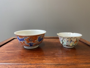 A Chinese blue, white and iron-red 'dragon' bowl and a famille rose 'immortals' bowl, Jiaqing and Wanli mark, 19th C.