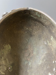 A Chinese archaic bronze ritual wine vessel and cover in Western Zhou-style, 'you', Ming