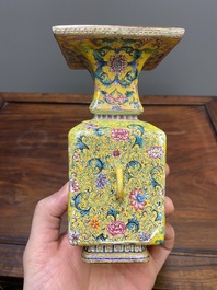 A Chinese yellow-ground Canton enamel 'European subject' vase, Qianlong mark and of the period