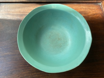 A large Chinese turquoise-ground grisaille-decorated Dayazhai bowl, Yong Qing Chang Chun 永慶長春 mark, Guangxu