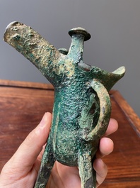 A Chinese archaic bronze ritual wine vessel, 'jue', late Shang dynasty