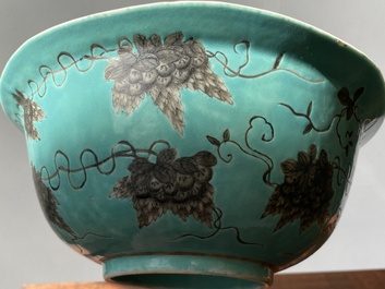 A large Chinese turquoise-ground grisaille-decorated Dayazhai bowl, Yong Qing Chang Chun 永慶長春 mark, Guangxu