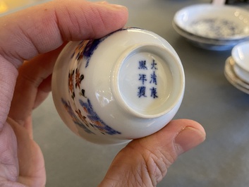 A pair of Chinese famille verte 'grasshopper' teacups, Kangxi mark but probably later