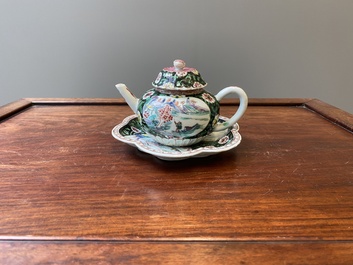 A Chinese famille rose teapot and cover on stand, Yongzheng