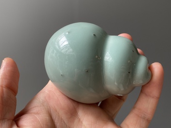 Een Chinese celadon-geglazuurde schelpvormige waterpot op houten sokkel en een 'hu' vaasje, 19/20e eeuw