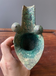 A Chinese archaic bronze ritual wine vessel, 'jue', late Shang dynasty