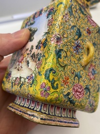 A Chinese yellow-ground Canton enamel 'European subject' vase, Qianlong mark and of the period