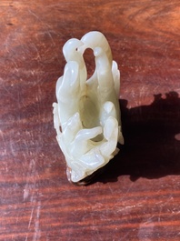 A fine Chinese white jade carving of a Buddha's hand on wooden stand, Qing