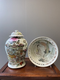 A Chinese qianjiang cai bowl and an 'antiquities' vase and cover, 19/20th C.