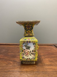 A Chinese yellow-ground Canton enamel 'European subject' vase, Qianlong mark and of the period