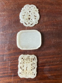 Two Chinese white jade reticulated carvings and a ruyi scepter plaque, Qing