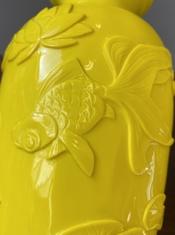 A pair of Chinese yellow Beijing glass vases with carps and goldfish, Republic