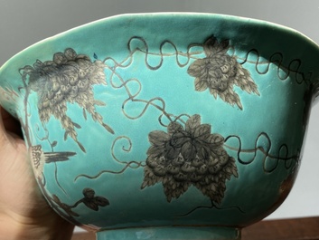 A large Chinese turquoise-ground grisaille-decorated Dayazhai bowl, Yong Qing Chang Chun 永慶長春 mark, Guangxu