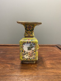 A Chinese yellow-ground Canton enamel 'European subject' vase, Qianlong mark and of the period