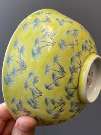 A Chinese yellow-ground famille verte 'bamboo' bowl, Tongzhi mark, 19/20th C.