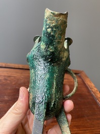 A Chinese archaic bronze ritual wine vessel, 'jue', late Shang dynasty